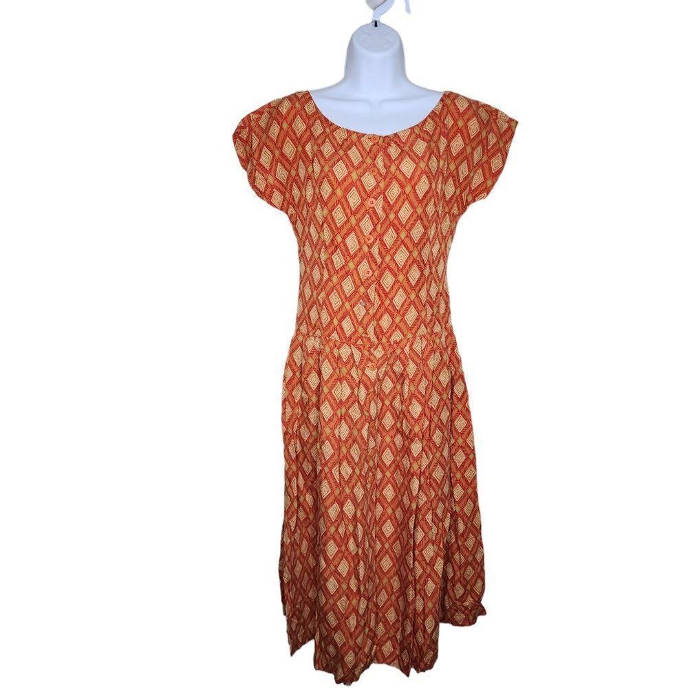 Vintage 70s Drop Waist Maxi Dress Womens Size S Orange Cotton Flowy Diamond